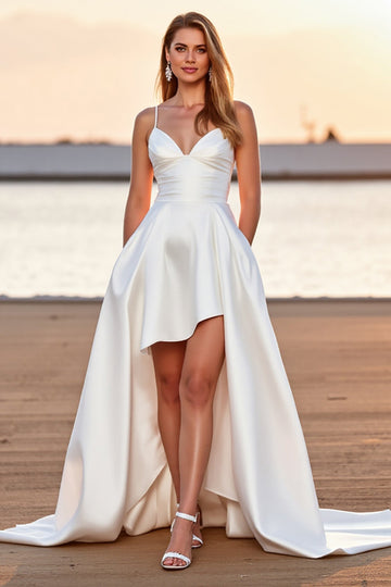 White Satin A Line High-Low Sweep Train Boho Wedding Dress